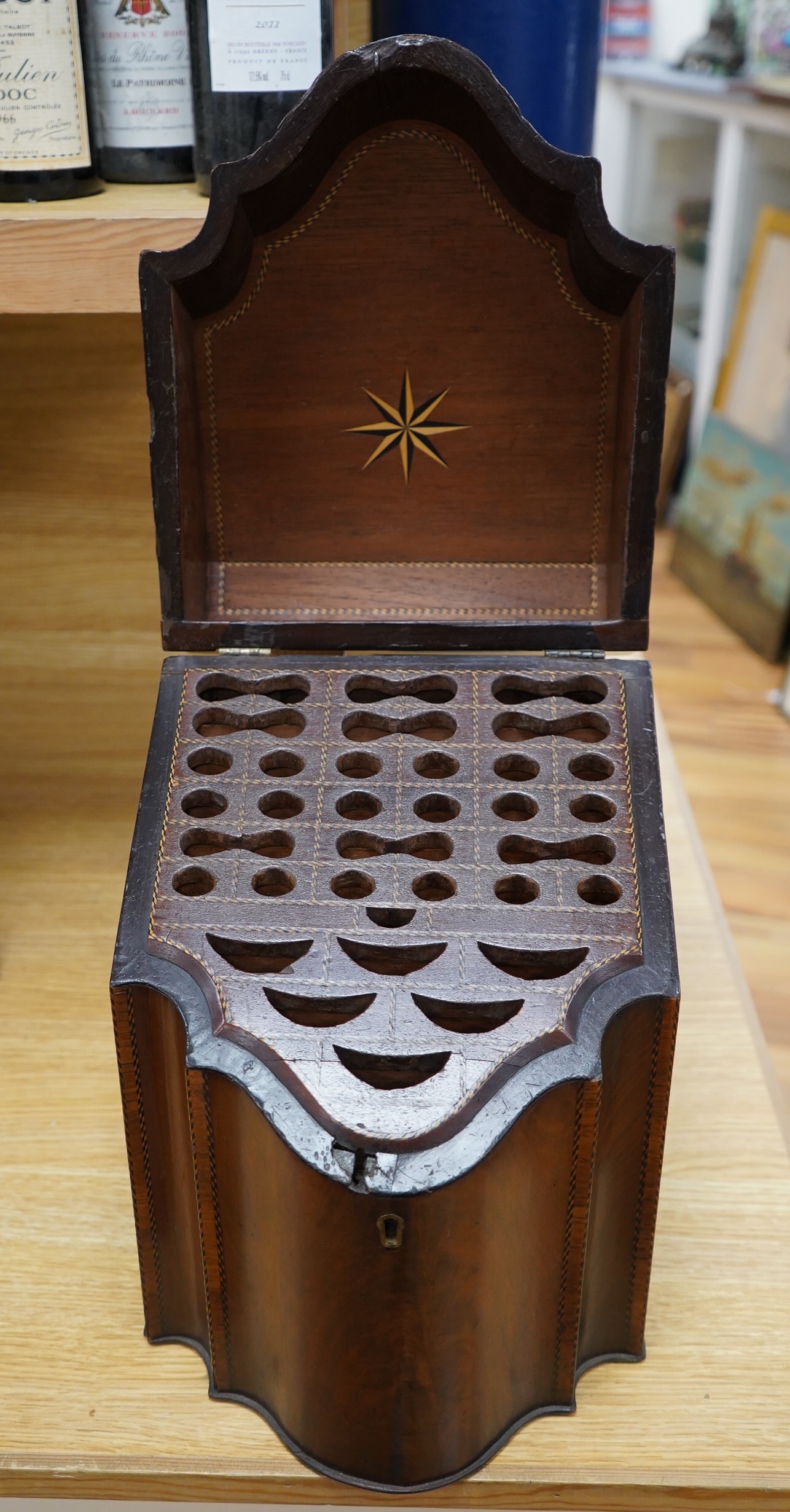 A George III mahogany shell inlaid knife box, 35cm high. Condition - good